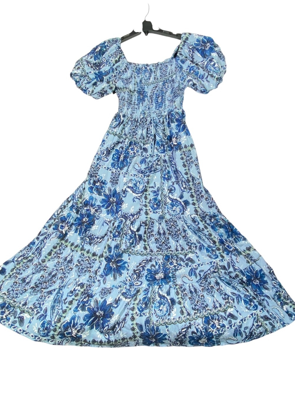 Angie Maxi Dress Women's S Blue Floral Short Puff Sleeve Smocked Pockets NWT